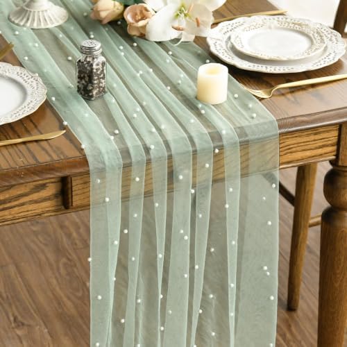 Artoid Mode Pearl Sage Green Gauze Table Runner 10FT Home Decor by ArtoidMode