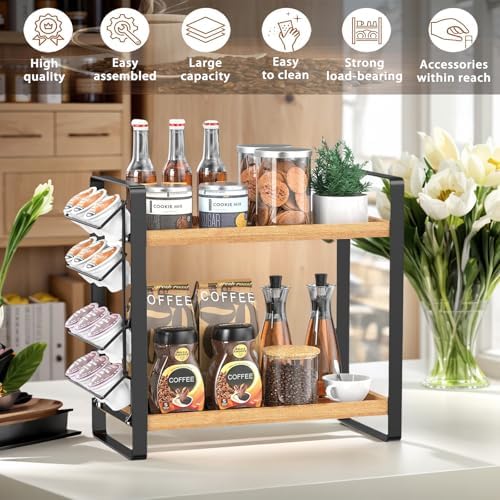 LEMIKKLE Coffee Station Organizer for Counter,Condiment Storage Caddy for Kitchen,2 Tier Wooden Shelf for Coffee Bar Accessories,Coffee Bar Organizer for Kitchen, Home, Office-Brown - Image 5