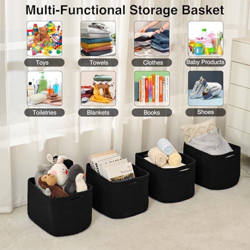 ICERZCZ Storage Baskets for Organizing & Shelves, Woven Cotton Rope Organization Bins for Dog Toys, Clothes, Books, Nursery Organizer, 15"Lx11''Wx9.5''H, (4 Packs) Black - Image 4
