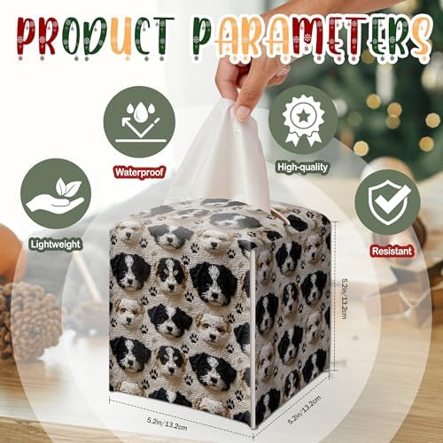 Cute Embroidered Puppy Decor Tissue Box Cover Modern Square Leather Tissue Case Holder Gifts for Women Family and Friends, Decorative Holder for Bathroom Kitchen Nightstand Office Home - B33 - Image 2
