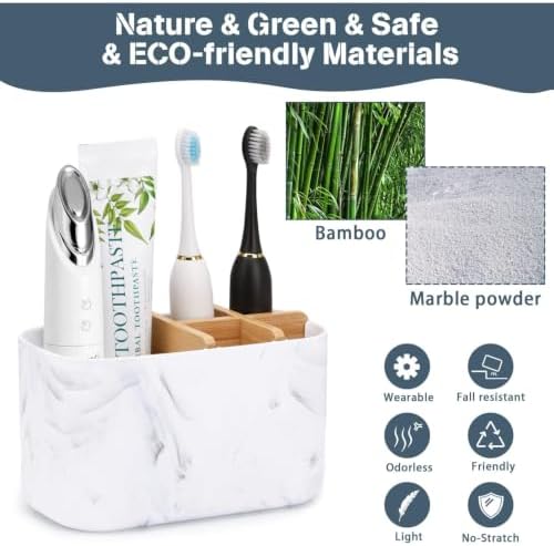 GFWARE Toothbrush Holders for Bathrooms, 5 Slots Bamboo Toothbrush Holder Kids Electric Toothbrush Holder and Toothpaste Holder for Bathroom Countertop Accessories Storage, Marble Toothbrush Organizer - Image 3