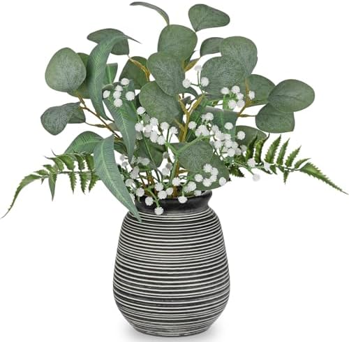 Briful Artificial Floral Arrangement Centerpiece with Eucalyptus & Mixed Greenery – 14.5” Pre-Arranged Faux Flowers in Textured Black & White Ceramic Vase for Table, Shelf & Entryway Décor by Briful