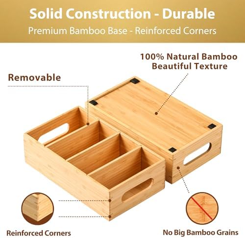 Umilife Bamboo Pantry Organizers and Storage Bins with Removable Dividers, Kitchen Drawer Cabinet Countertop Organization for Snack, Spice Packets, Teabags, Seasoning Pouches (2 Pack) - Image 2