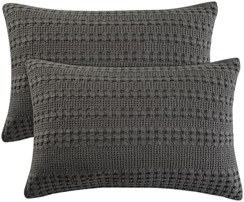 PHF 100% Cotton Waffle Pillow Shams Queen Size, 2 Pack 20" x 30" Soft Skin-Friendly Pillowcases, No Filling, Aesthetic Woven and Breathable Waffle Weave Pillow Case Covers for Bed, Charcoal Grey by PHF