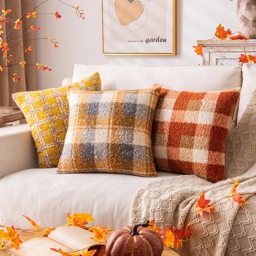 AQOTHES Plaid Fall Throw Pillow Covers Yellow Blue 20x20 Inch Set of 2 - Image 3