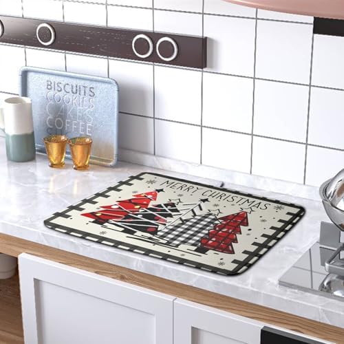 Merry Christmas Dish Drying Mats for Kitchen Counter 16x18 Buffalo Plaid Christmas Tree Microfiber Absorbent Drying Mat Seasonal Winter Holiday Drying Pad Dish Drainer Mat for Coffee Bar Sinks - Image 5