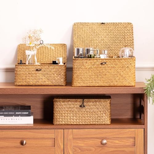 Nonam Wicker Storage Basket with Lid,Seagrass Shelf Basket Set of 2,Natural - Image 4