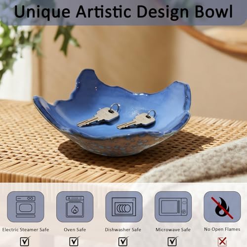 8" Small Ceramic Decorative Bowl，Irregular Rim Reactive Glaze Key Bowls for Entryway Table，Blue Coffee Table Bowl Decor，Modern Fruit bowls for Tabletop or Home Decor - Image 4