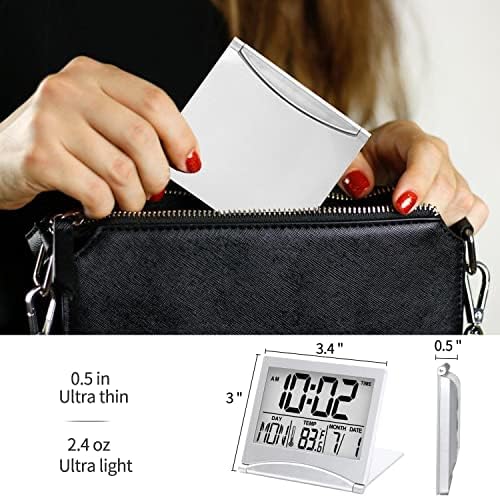 Betus Digital Travel Alarm Clock - Foldable Calendar Temperature Timer LCD Clock with Snooze Mode - Large Number Display, Battery Operated - Compact Desk Clock for All Ages (Silver Pack of 2) - Image 6