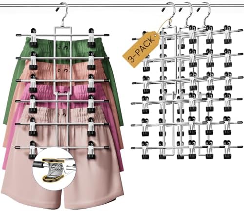 DAMITA Skirt Pants Hangers with Clips Space Saving Hanging Closet Organizer 6 Tiers Hanger with 360° Swivel Hook, Finger-Safe Design- College Dorm Room Apartment Essentials 3-Pack by Damita