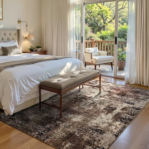 Area Rug 4x6 Brown Rug Washable Boho Rugs Non Slip Low Pile Abstract Coffee Small Carpet for Entryway, Bedroom, Kitchen, Classroom, Kids Room, Office, Dorm, Dining Room - Image 3