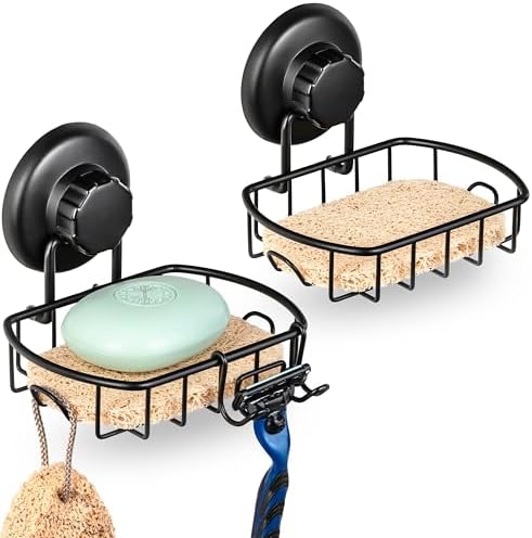 HASKO 2 Pack Suction Cup Soap Dish for Shower Wall, Rustproof Stainless Steel, Shower Soap Holder with Hooks, Includes Optional No Drill Adhesive Mount for Bathroom, 2 Soap Savers, Black by HASKOaccessories