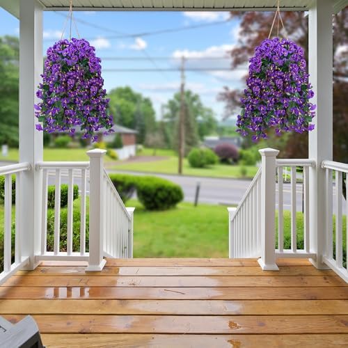 Sggvecsy Artificial Fake Hanging Flowers Plants for Outdoor Outside Spring Summer Decoration 4PCS Faux Silk UV Resistant Realistic Morning Glory Trailing Vines for Home Porch Patio Balcony(Purple) - Image 5