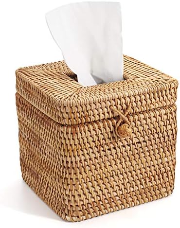 Rattan Square Tissue Box Cover, 5.7" x 5.7" x 5", Decorative Woven Facial Tissue Holder with Hinged Top Lid, Natural Color by YANGQIHOME