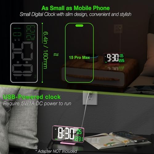 KOSUMOSU Pink Digital Clock 6.7in Desk Clock with Dual Alarm Clock, Dimming, 12/24h, Date, Day of Week, Temp, Digital LED Clock, Alarm Clock for Table, Digital Calendar Table Clocks for Bedrooms - Image 2