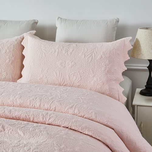Brandream Standard Size Quilted Pillow Shams Cotton Set of 2 Light Pink Farmhouse Scallop Edge Decorative Pillow Covers - Image 6
