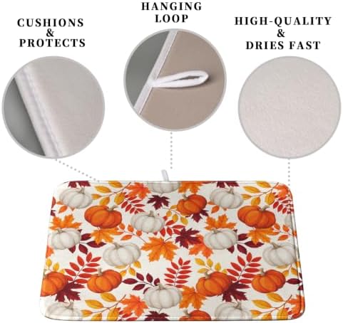 Fall Dish Drying Mat for Kitchen Counter Autumn Orange White Pumpkin Maple Leaves Dishes Drying Pad Thanksgiving Absorbent Microfiber Dish Drainer Rack Mat Holiday Dish Mat 16x18 Inch - Image 3