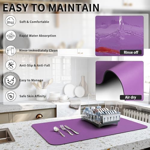 HotLive Dish Drying Mat for Kitchen Counter, Heat Resistant Drainer Mats with Non-slip Rubber Backed, Hide Stain Kitchen Super Absorbent Draining Mat, Easy to Clean Dish Rack Pad, Purple 16"x20" - Image 4