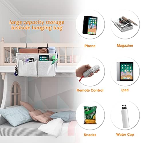 Surblue Bedside Caddy Bedside Storage Bag Hanging Organizer for Bunk, Hospital Beds, Dorm Rooms Bed Rails Camp 4 Pockets and 2 Hooks (White) - Image 2