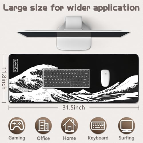 Mouse Pad Gaming - Desk Mat for Keyboard and Mouse - Kanagawa Large Mouse Pad for Desk, Japanese Sea Wave Mousepad (31.5 x 11.8inch) with Non-Slip Base, Desks Pad Mat for Game, Office and Home - Image 5