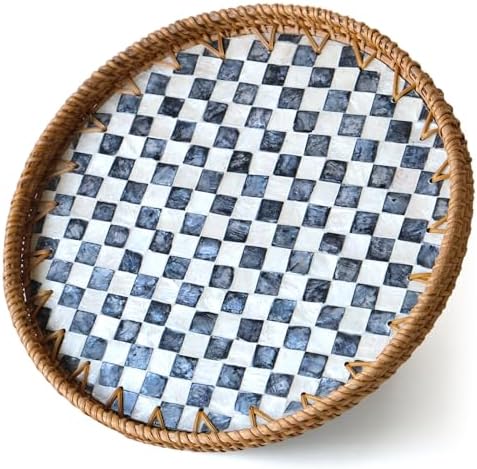 12" Round Rattan Tray with Mother of Pearl Inlay, Wicker Coffee Table Tray by S310