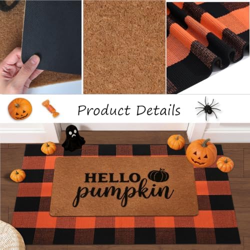 2 Pack Halloween Door Mat Set, Pumpkin Coir Mat & Orange Black Plaid Mat - Image 5