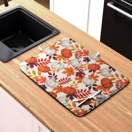 Fall Dish Drying Mat for Kitchen Counter Autumn Orange White Pumpkin Maple Leaves Dishes Drying Pad Thanksgiving Absorbent Microfiber Dish Drainer Rack Mat Holiday Dish Mat 16x18 Inch - Image 6