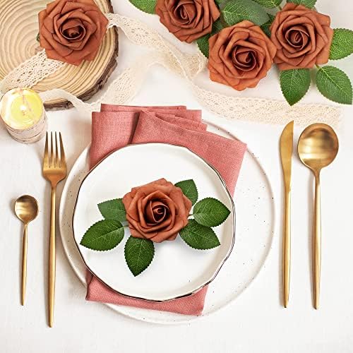 Mocoosy 50Pcs Burnt Orange Roses Artificial Flowers, Rust Fake Rose for Decoration, Real Touch Terracotta Foam Roses Bulk with Stems Wedding Bouquet Bridal Shower Centerpieces Arrangement Party Decor - Image 4