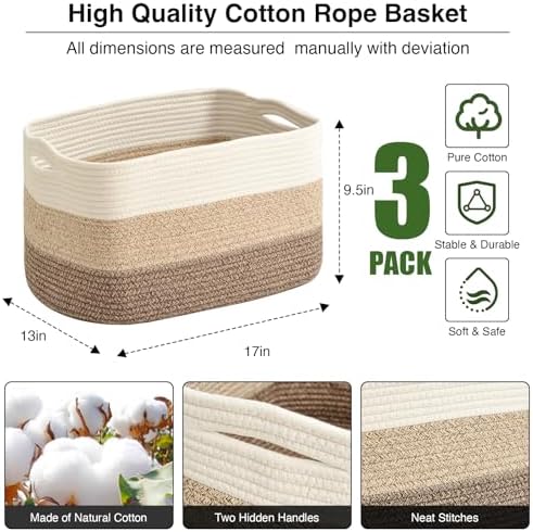 ICERZCZ Large Storage Baskets for Organizing Shelves, Woven Cotton Rope Bins for Baby Nursery Organization, Book Toy Towel Organizer, 17"x13"x9.5", 3 Packs, Gradient Brown - Image 3