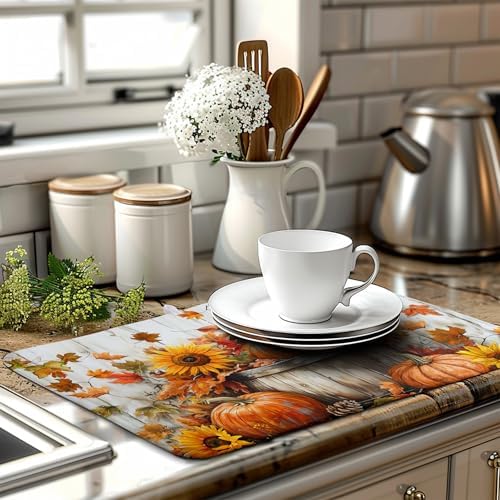 Fall Dish Drying Mat for Kitchen Counter Pumpkin Sunflower Maple Leaf Birds Drying Mats Autumn Thanksgiving Harvest Dish Drainer Mat Absorbent Microfiber Dishes Pad Large 18x24 Inch - Image 6