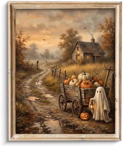 Vodefoad Vintage Halloween Ghost and Pumpkins Wall Prints, Rustic Autumn Landscape Canvas Paintings, Halloween Pumpkins Cart with Cute Ghost Picture, Halloween Gothic Dark Academia Spooky Fall Decor for Kitchen, Gallery, Bathroom Wall decor - 8x10Inch ... by VodefoadVintageWallArt