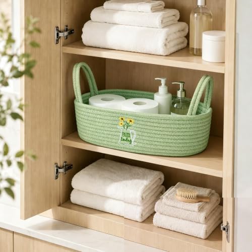 Sage Green Daisy Woven Storage Basket for Toilet Tank Top Boho Floral Cotton Rope Bathroom Countertop Organizer Basket with Handle Bathroom Decor - Image 4