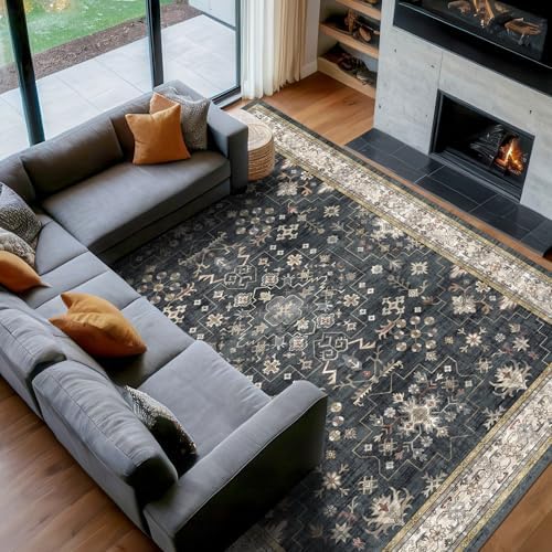 Black Boho Living Room Rug 5x7, Washable Dark Vintage Moody Low Pile Non Slip Carpet for Bedroom, Dinning Room, Office, Farmhouse, Retro Area Rug Indoor Decor (5x7 Black/Multi) - Image 3