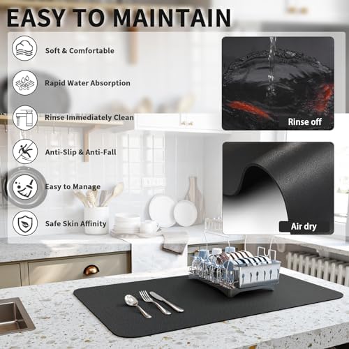 HotLive Dish Drying Mat for Kitchen Counter, Heat Resistant Drainer Mats with Non-slip Rubber Backed, Hide Stain Kitchen Super Absorbent Draining Mat, Easy to Clean Dish Rack Pad, Black 18"x24" - Image 4