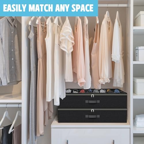 Under Bed Shoe Storage Organizer for Closet, 32 Pairs Sturdy Underbed Shoe Storage Boxes Bins Container Foldable Shoes Storage with Reinforced Handles & Clear Window for College Dorms Black, Set of 2 - Image 6
