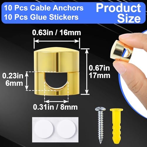 SmallCat 10 Sets Charger Holders for Cords, Gold Color Adjustable Cable Anchor Holders, Adhesive Metal Cord Clips, Cable Management Wire Organizers for Desk, Office, Nightstand - Image 3