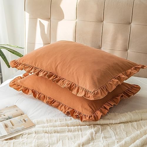 GLORY SEASON Pillow Shams Set of 2 Washed 100% Cotton Retro Ruffle Flounces Trim Solid Beige Decorative Pillow Cases for Home Bedroom Decor 20x26 Inch - Image 3