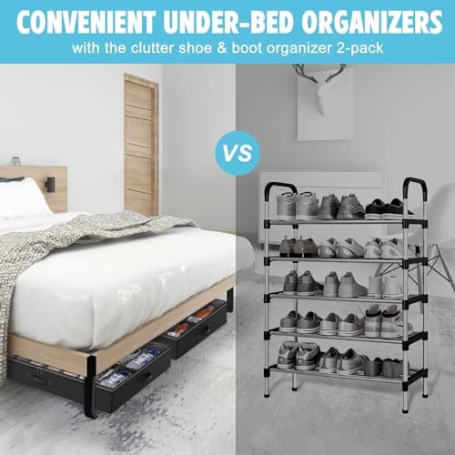 Under Bed Shoe Storage Organizer for Closet, 32 Pairs Sturdy Underbed Shoe Storage Boxes Bins Container Foldable Shoes Storage with Reinforced Handles & Clear Window for College Dorms Black, Set of 2 - Image 5