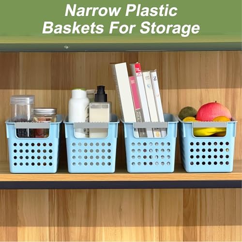 Soddeph 4 Pack Slim Plastic Storage Basket with Handles, Rectangular Storage Bins for Shelves,Narrow Organizer box for Organizing, Kitchen,Home,Office (Blue, Small) - Image 3