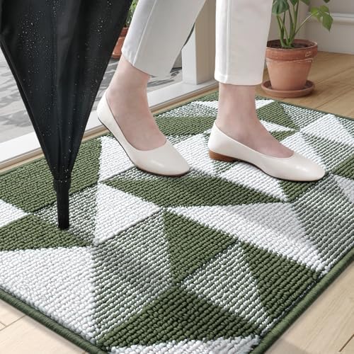 OLANLY Door Mat Indoor Entrance Washable 32x20, Odor-Free Low-Profile Front Back Geometric Doormat, Absorbent Resist Dirt Entry Carpet, Easy to Clean Sturdy Inside Floor Mats for Entryway, Green - Image 2