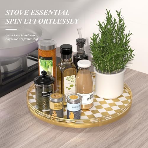 AMH 16-Inch Gold and White Checkerboard Lazy Susan with Rubberwood Base - Image 4