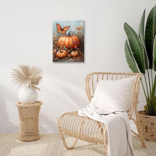 Fall Pumpkin Pictures Wall Art, Rustic Thanksgiving Bathroom Wall Decor, Farmhouse Autumn Butterfly Framed Painting Canvas Artwork for Harvest Gift Bedroom Living Room Decorations 20" L x 16" W - Image 4