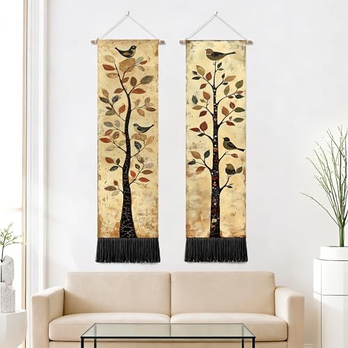 seewan 2 Pack Long Vertical Wall Tapestry, Boho Nature Landscape & Floral Aesthetic Wall Hanging for Bedroom Living Room Home Decor, Long Narrow Art Tapestry with Sunrise Mountain Botanical Designs, 13" × 51" (Vintage Bird Tree, 13"Wx51"H, Unframed) - Image 2