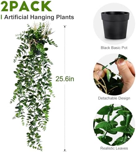 Artificial Hanging Plant 2 Pcs Faux Eucalyptus Vine Ivy Vine Faux Plant Fake Potted Greenery for Wall Living Room Home Shelf Office Bathroom Outdoor Indoor Decor (Type 2) - Image 2