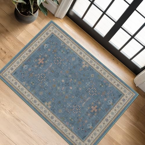Blue 2x3 Washable Rug for Entryway Indoor, Kitchen Floor Waterproof, Bathroom, Powder Room, Non Slip Low Pile Stain & Fade Resistant, Modern Eclectic Floral Decor by HazoHaus