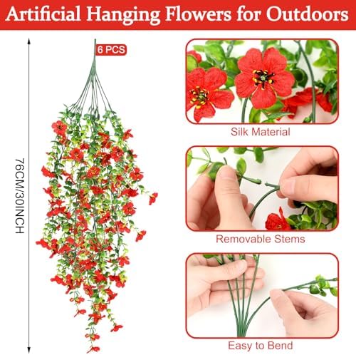 6 Pcs Fall Artificial Hanging Flowers Outdoor, Red - Image 2