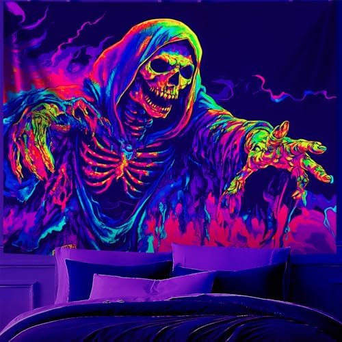 Blacklight Halloween Tapestry Horror Moon Night Scary Cemetery Pumpkin Lantern Halloween Tapestry Wall Hanging Skull Horror Poster Banners for Bedroom Livingroom (Skull man, 59L" x 51W", Unframed) - Image 3
