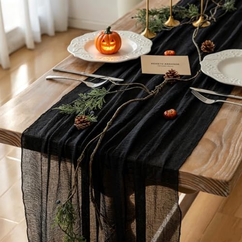 3Pcs Halloween Holiday Black Cheesecloth Table Runner 120 Inch for Decor by KEKETOARRANGE