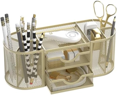 SUPEASY Mesh Desk Organizer, Pen Holder for Desk with 2 Drawers, Yellow by SUPEASY
