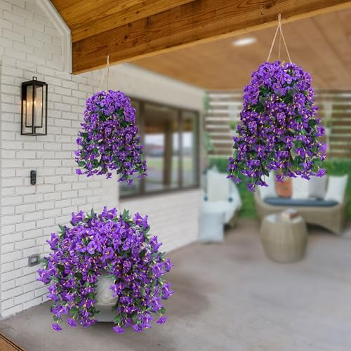 Sggvecsy Artificial Fake Hanging Flowers Plants for Outdoor Outside Spring Summer Decoration 4PCS Faux Silk UV Resistant Realistic Morning Glory Trailing Vines for Home Porch Patio Balcony(Purple) - Image 6